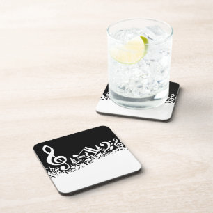 White Jumbled Musical Notes on Black Coaster