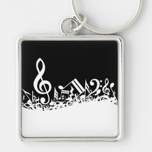 White Jumbled Musical Notes on Black Key Ring