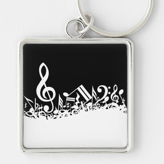 White Jumbled Musical Notes on Black Key Ring (Front)