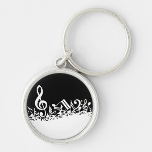 White Jumbled Musical Notes on Black Key Ring