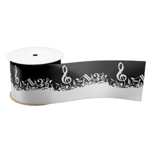 White Jumbled Musical Notes on Black Satin Ribbon