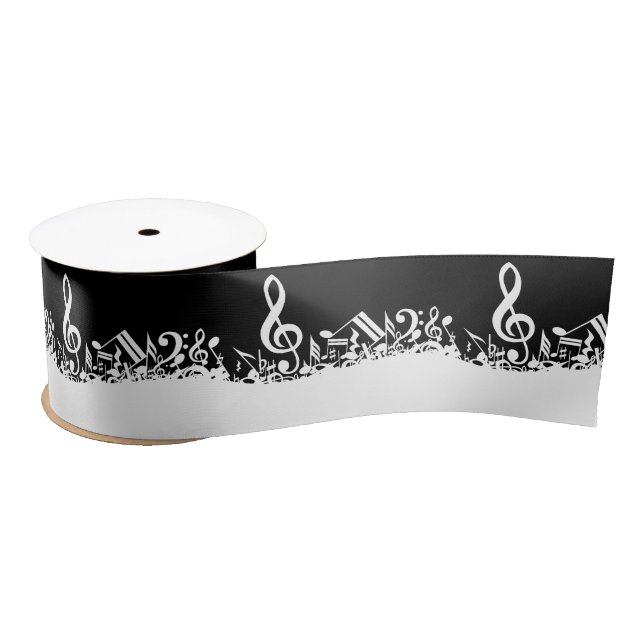 White Jumbled Musical Notes on Black Satin Ribbon (Spool)