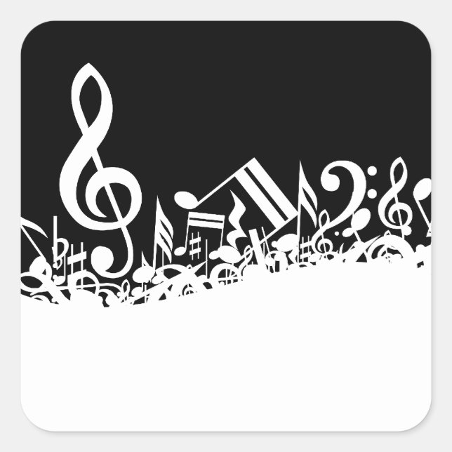 White Jumbled Musical Notes on Black Square Sticker (Front)