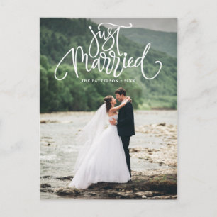 White Just Married Lettering Photo Wedding Announcement Postcard
