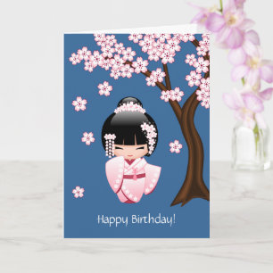 White Kimono Kokeshi Doll - Cute Geisha Birthday Card
