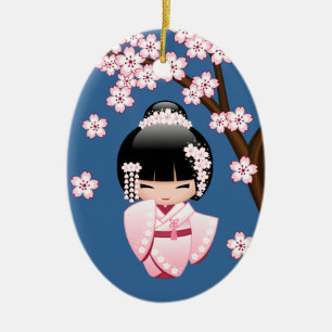 White Kimono Kokeshi Doll - Cute Geisha Girl Blue Ceramic Ornament