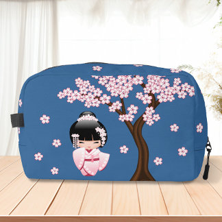 White Kimono Kokeshi Doll Cute Geisha Girl Blue Dopp Kit