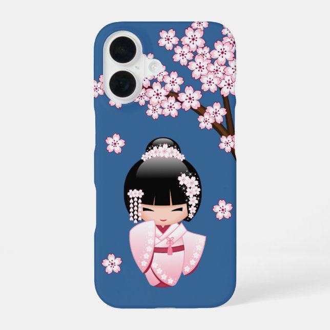 White Kimono Kokeshi Doll - Cute Geisha Girl Blue iPhone 16 Case (Back)