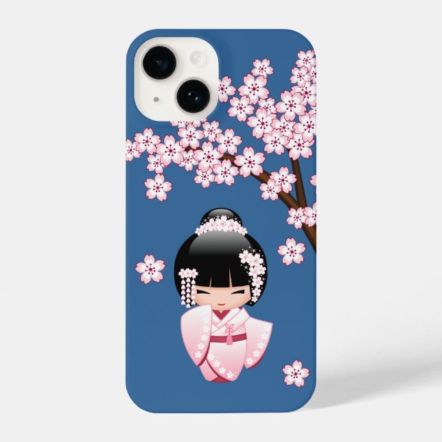 White Kimono Kokeshi Doll - Cute Geisha Girl Blue iPhone Case (Back)