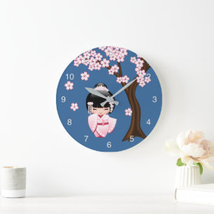 White Kimono Kokeshi Doll Cute Geisha Girl Blue Large Clock