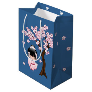 White Kimono Kokeshi Doll Cute Geisha Girl Blue Medium Gift Bag