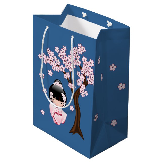 White Kimono Kokeshi Doll Cute Geisha Girl Blue Medium Gift Bag (Back Angled)