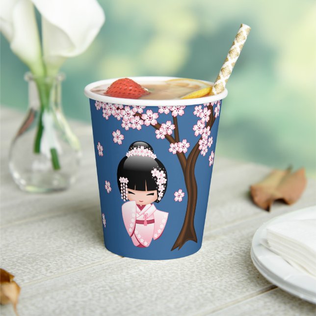 White Kimono Kokeshi Doll - Cute Geisha Girl Blue Paper Cups (Insitu)