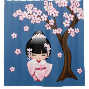 White Kimono Kokeshi Doll Cute Geisha Girl Blue Shower Curtain