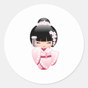 White Kimono Kokeshi Doll - Cute Geisha Girl Classic Round Sticker