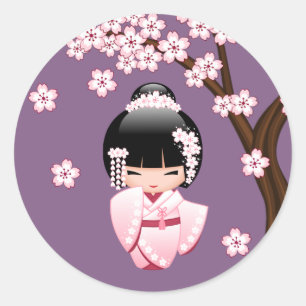 White Kimono Kokeshi Doll - Cute Geisha Girl Classic Round Sticker