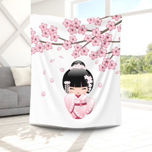 White Kimono Kokeshi Doll - Cute Geisha Girl Fleece Blanket