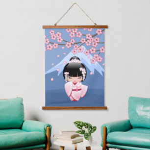 White Kimono Kokeshi Doll - Cute Geisha Girl Hanging Tapestry