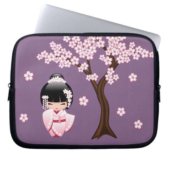 White Kimono Kokeshi Doll - Cute Geisha Girl Laptop Sleeve (Front)