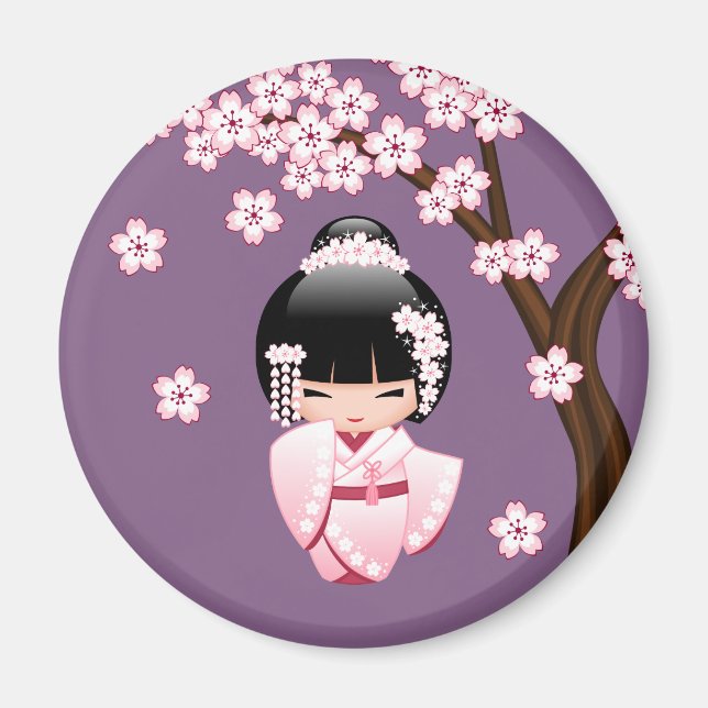 White Kimono Kokeshi Doll - Cute Geisha Girl Magnet (Front)