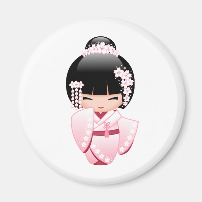 White Kimono Kokeshi Doll - Cute Geisha Girl Magnet (Front)