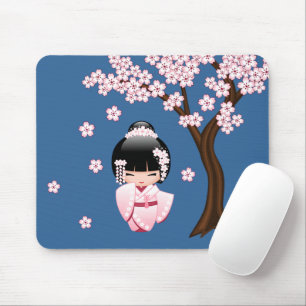White Kimono Kokeshi Doll - Cute Geisha Girl Mouse Pad