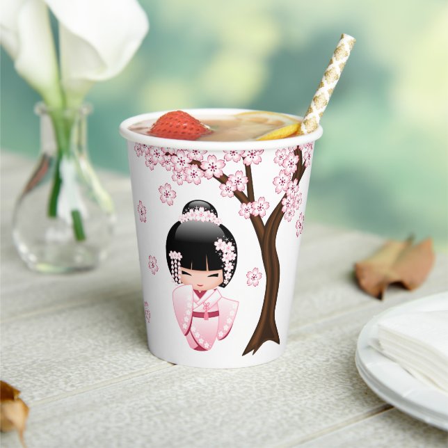 White Kimono Kokeshi Doll - Cute Geisha Girl Paper Cups (Insitu)