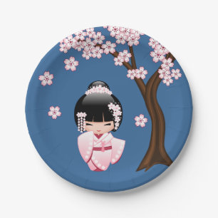 White Kimono Kokeshi Doll - Cute Geisha Girl Paper Plate