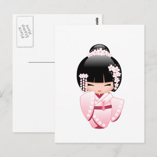 White Kimono Kokeshi Doll - Cute Geisha Girl Postcard