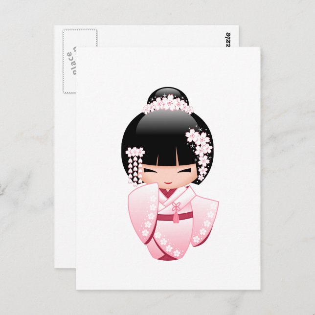 White Kimono Kokeshi Doll - Cute Geisha Girl Postcard (Front/Back)
