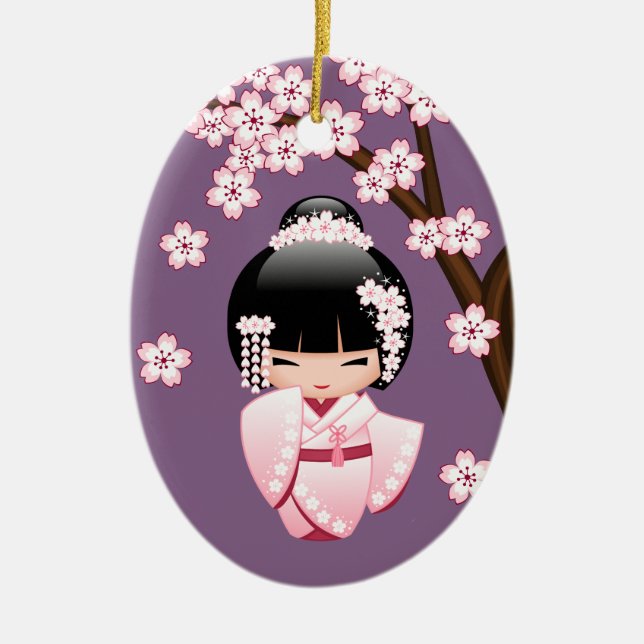 White Kimono Kokeshi Doll Cute Geisha Girl Purple Ceramic Ornament (Front)