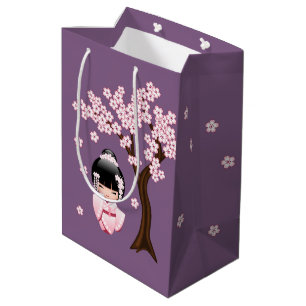 White Kimono Kokeshi Doll Cute Geisha Girl Purple Medium Gift Bag