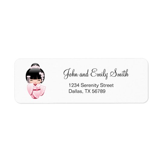 White Kimono Kokeshi Doll - Cute Geisha Girl Return Address Label