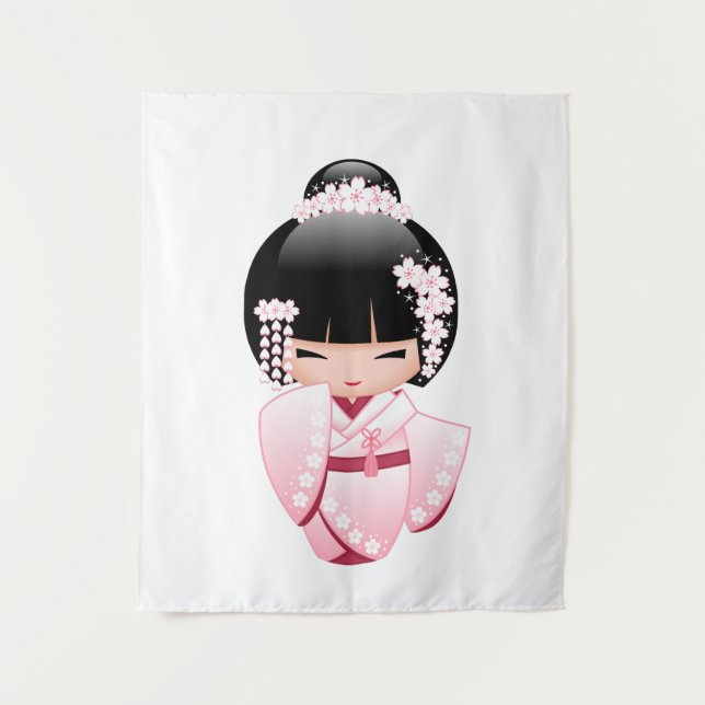 White Kimono Kokeshi Doll - Cute Geisha Girl Tapestry (Front)