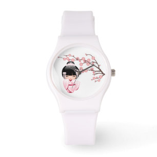 White Kimono Kokeshi Doll - Cute Geisha Girl Watch