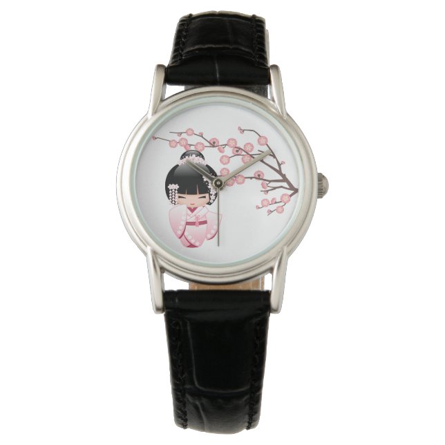 White Kimono Kokeshi Doll - Cute Geisha Girl Watch (Front)