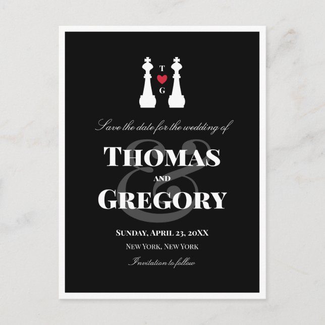 White King Chess Pieces Gay Wedding Save the Date Announcement Postcard (Front)