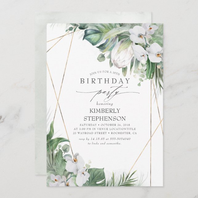 White King Protea Orchids Tropical Birthday Party Invitation (Front/Back)