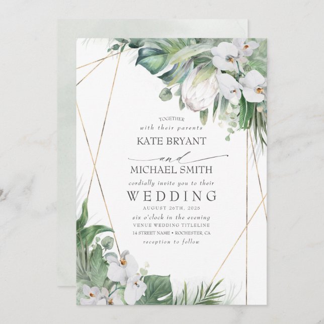 White King Protea Orchids Tropical Floral Wedding Invitation (Front/Back)