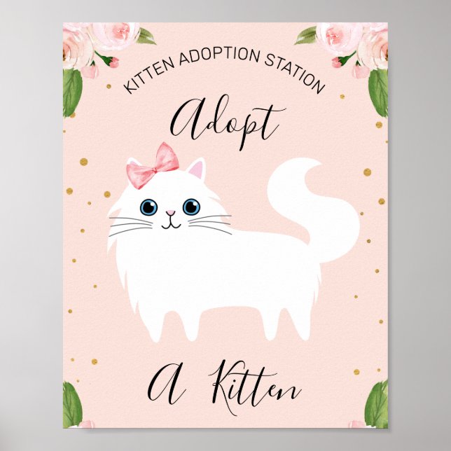 White Kitten Adoption Station Birthday Party Sign (Front)