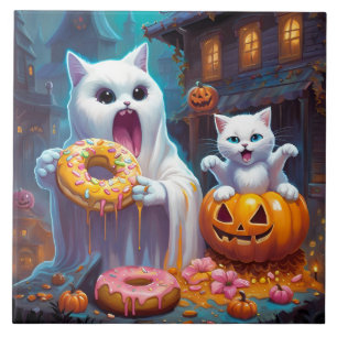 White Kitten and Ghost eat Halloween Doughnuts Ceramic Tile