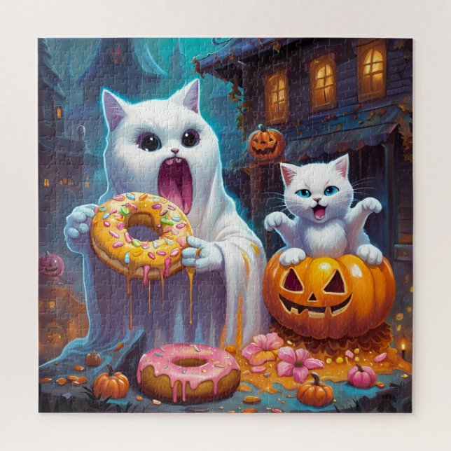 White Kitten and Ghost eat Halloween Doughnuts Jigsaw Puzzle (Vertical)