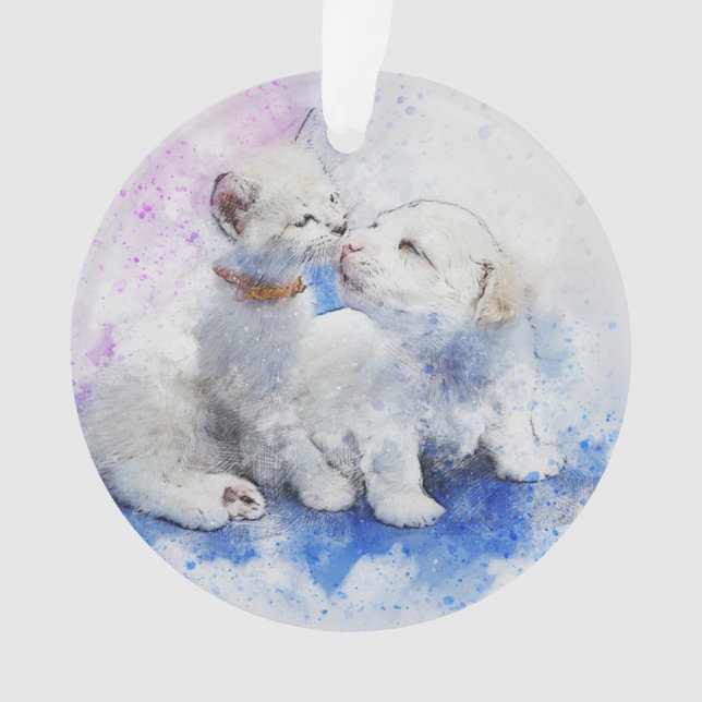 White Kitten and White Puppy Ornament (Front)