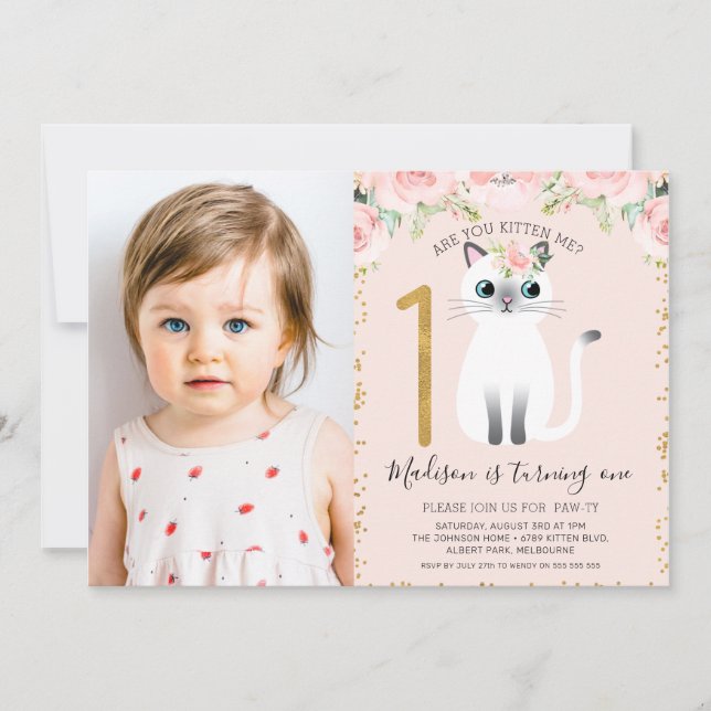 White Kitten Are You Kitten Me Photo 1st Birthday Invitation (Front)