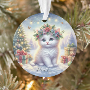 White Kitten & Butterfly Snow Scene Ornament