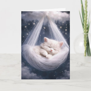 White Kitten Hanging from Tulle Hammock and Cloud Card