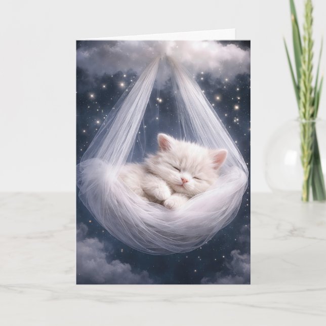 White Kitten Hanging from Tulle Hammock and Cloud Card (Front)