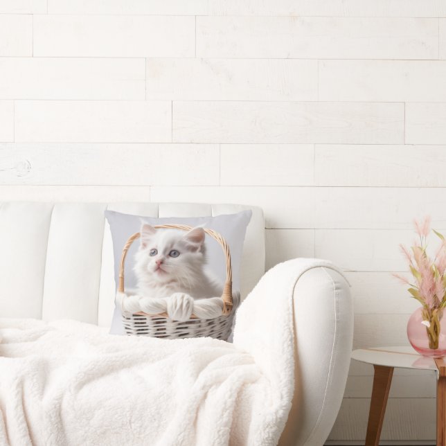 White Kitten In a Basket Cushion (Couch)