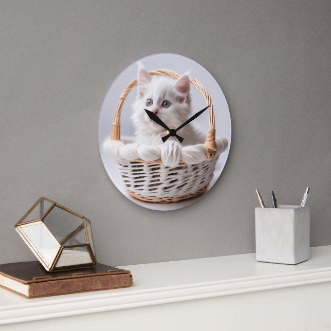 White Kitten In a Basket Large Clock (Office)