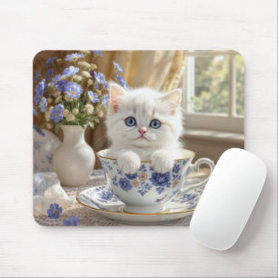 White Kitten In a Teacup Mouse Pad